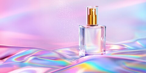Naklejka premium Elegant transparent cosmetic spray bottle with golden accents on iridescent fabric