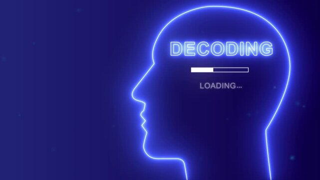Mind decoding loading concept with neon human head silhouette, Artificial intelligence and data analysis background.