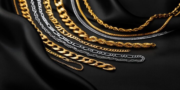 Assortment of luxurious gold and silver chains elegantly displayed on black satin fabric