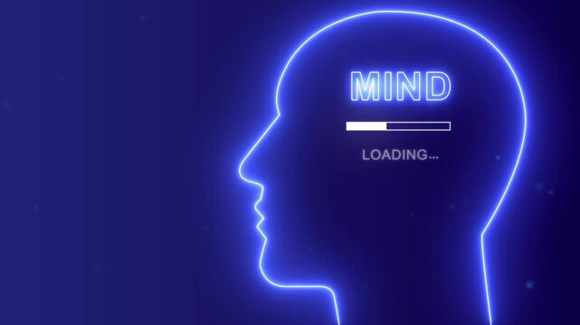 Mind loading concept with neon human head silhouette, Intelligence and creative thinking background.