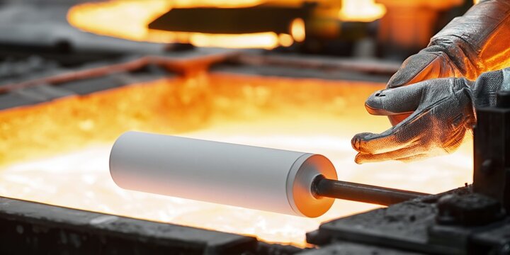 Ceramic tube being processed in a high-temperature industrial furnace