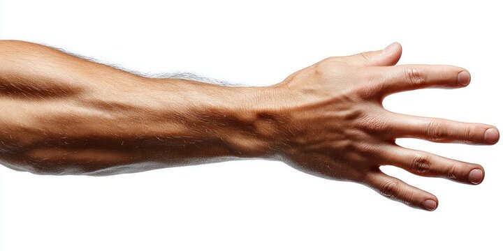 An outstretched male arm and hand reaching forward against a clean white background
