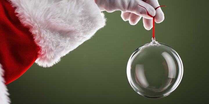 Santa Claus hand in white glove holding a clear glass Christmas ornament