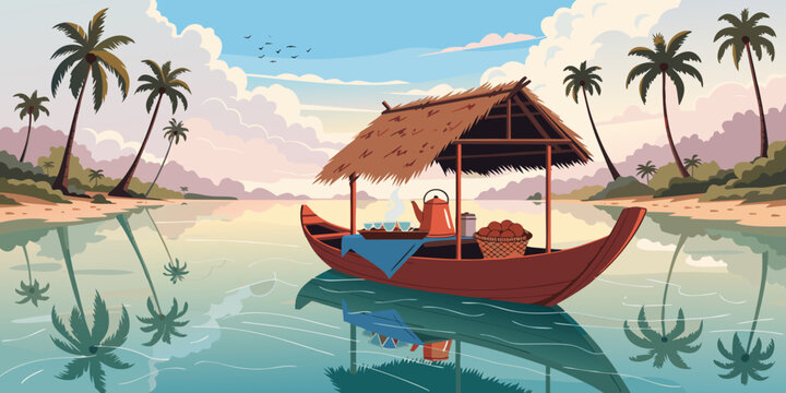 A traditional wooden boat with a thatched roof floats on calm tropical waters surrounded by palm trees and a serene landscape at sunrise or sunset.