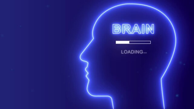 Brain loading concept with neon human head silhouette, Artificial intelligence and digital mind background.
