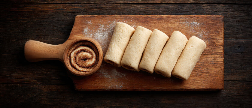 Cinnamon roll dough baking preparation wooden board rustic kitchen flour dust rolled pastry sweet dessert homemade cozy atmosphere top down view