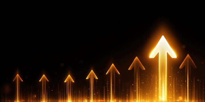 Glowing golden arrows ascend against a dark background, symbolizing growth and success