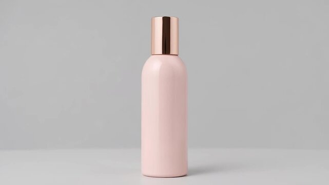 A single, elegant, pink-colored cosmetic product bottle with a metallic cap stands on a white surface against a neutral background