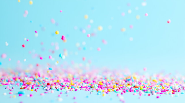 Colorful round sprinkles falling on a blue background. Abstract festive background for birthday and party themes. Sweet candy decoration