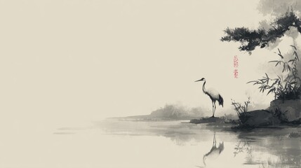 Expertise in business growth and career development captured through a serene ink-wash painting of a red-crowned crane by tranquil waters, symbolizing continuous learning and empowerment in profession © Alvin