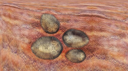 Abstract art of trilobite fossils embedded in ancient sandstone matrix. © DECHA