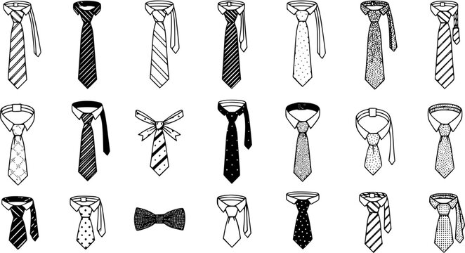 Assorted Ties and Bow Ties: Black and White Line Art Collection