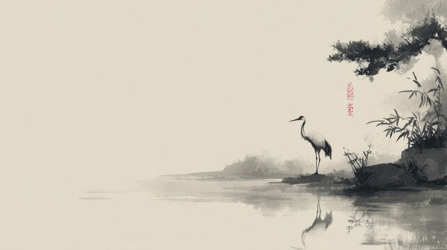 Expertise in business growth and career development captured through a serene ink-wash painting of a red-crowned crane by tranquil waters, symbolizing continuous learning and empowerment in profession