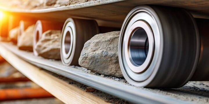 Close-up of rocks being transported on a conveyor belt system with rolling wheels