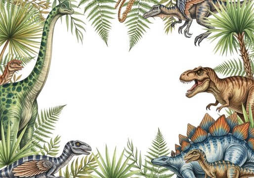 A beautiful watercolor frame border featuring prehistoric ferns, ancient palms, and diverse dinosaurs surrounding a central blank white space, plants, hand-painted, botanical