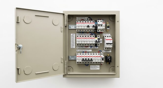 Open electrical panel showing circuit breakers and wiring against a white background