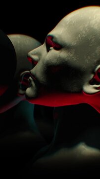 A dark looping background of endless rows of hollow mannequin style humanoid clones.