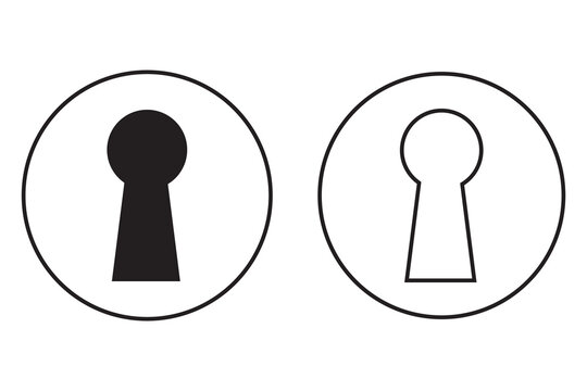 Collection of black keyhole vector icons. Door key hole symbol. Trendy flat and line art design collection. Vintage door lock silhouette symbol.