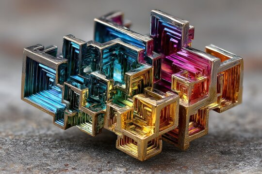 Vibrant rainbow bismuth crystal formation with intricate geometric pat