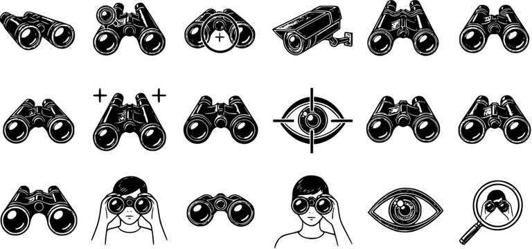 Black and white set of observation and surveillance icons, featuring various binoculars, a security camera, target eye, and a person looking through binoculars.