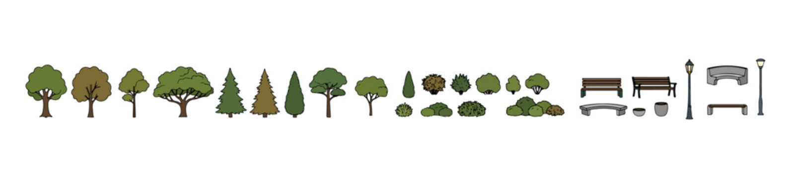 Hand Drawn Landscape Elements Set with Trees Bushes Benches and Street Lamps, Top View and Elevation Park Design Vector Collection for Urban Planning and Architectural Drawings