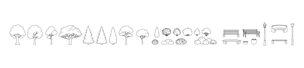 Naklejka premium White Fill Landscape Elements Set with Trees Bushes Benches and Street Lamps, Clean Solid Shape Vector Collection for Park Design, Urban Planning and Architectural Drawings