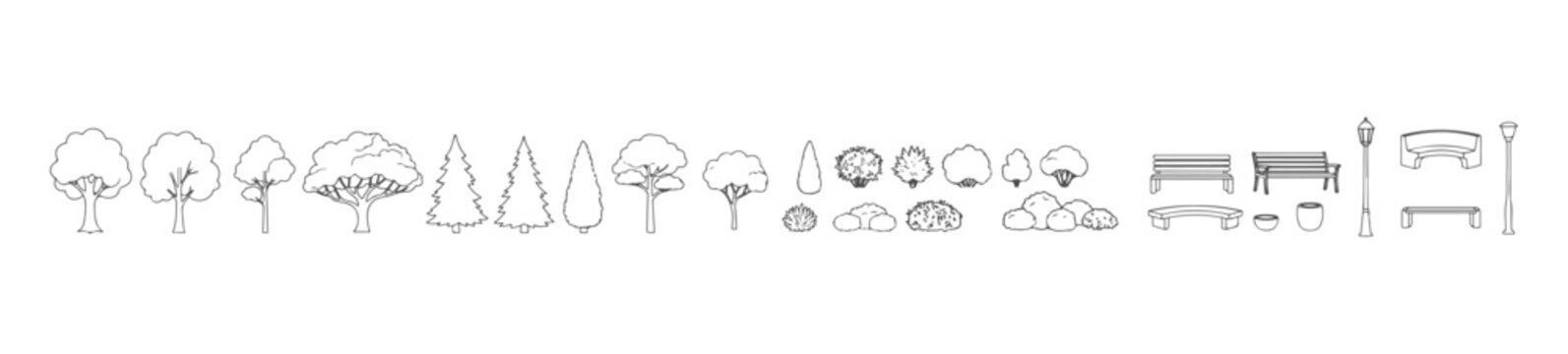 White Fill Landscape Elements Set with Trees Bushes Benches and Street Lamps, Clean Solid Shape Vector Collection for Park Design, Urban Planning and Architectural Drawings