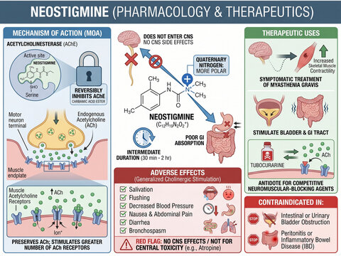 Neostigmine: Pharmacology and Therapeutics detailing its mechanism of action as an acetylcholinesterase inhibitor, absorption, therapeutic uses for myasthenia gravis, and adverse effects.