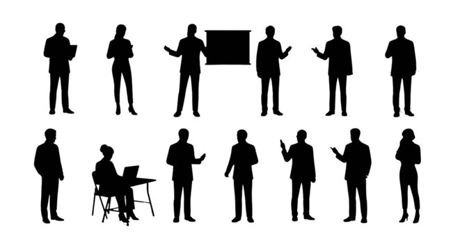 Silhouettes of people presenting and discussing in a meeting isolated on transparent background, Vector