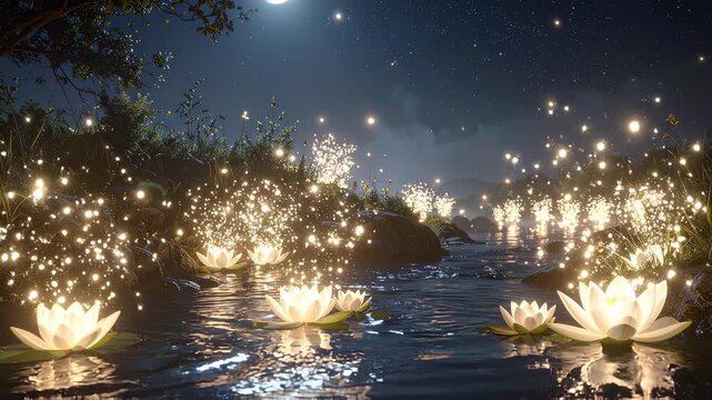 Magical Night Landscape with Glowing Water Lilies and Sparkling Fireflies over a Calm River under Moonlight
