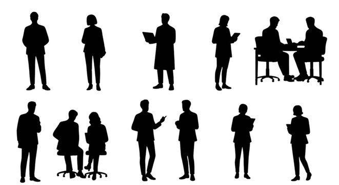Silhouette people in business and casual meeting poses isolated on transparent background, Vector