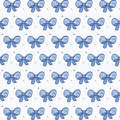 Obraz premium Cute coquette blue ribbon bow pattern girly seamless background.