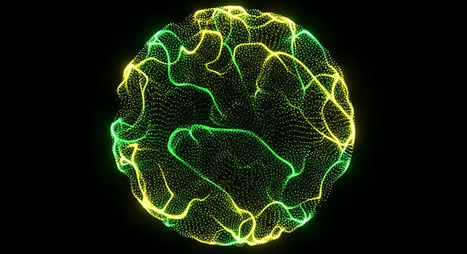 A glowing green and yellow brain made of tiny particles on a black background