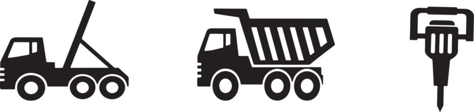 Black and white silhouette of a roll-off truck, a dump truck, and a jackhammer for construction and industrial site work