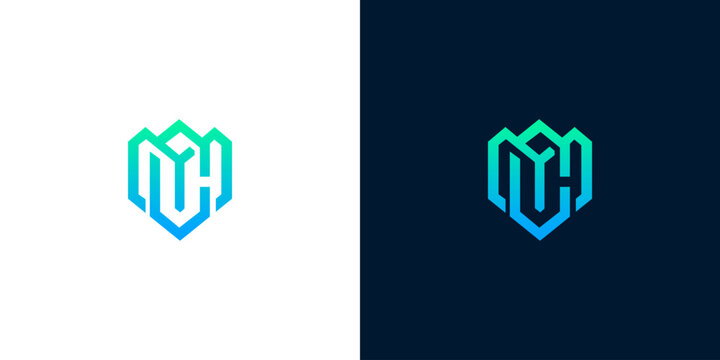 Modern Hexagonal Logo Design Featuring Interlocking Monograms MC and CH with Gradient Colors on White and Dark Blue Backgrounds