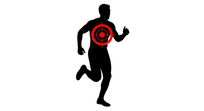 Black silhouette of a person running with a red target symbol on back