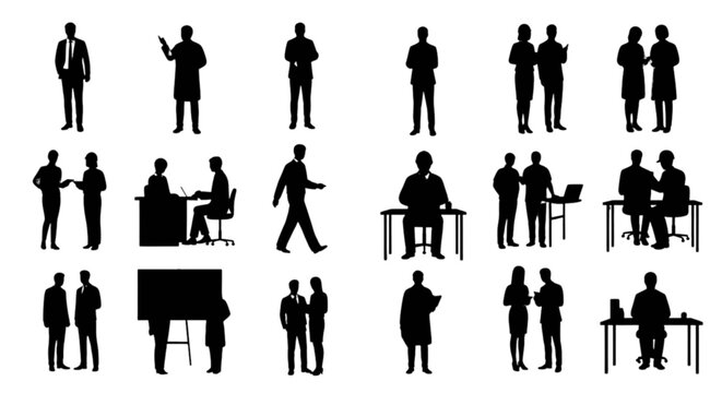 Silhouette people icons in various meeting poses isolated on transparent background, Vector