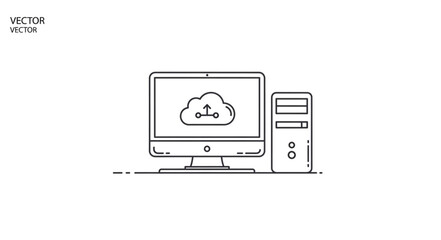 Fototapeta premium Computer with cloud storage icon on screen and desktop tower.