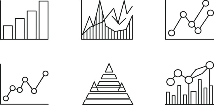 Business analytics charts icons set with bar graphs line graphs and pyramid growth diagram minimal outline vector illustration collection