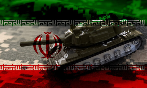Iranian army toy tank drive on iranian bills of rial currency on flag of Islamic Republic of Iran close up