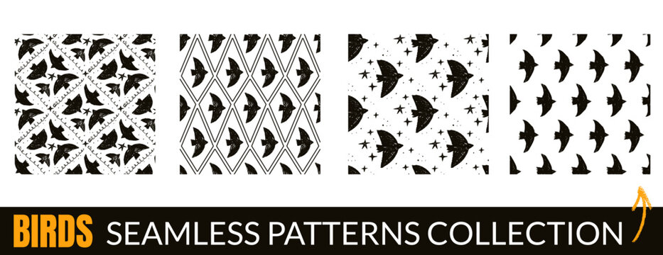 Linocut bird silhouettes in harlequin diamond and argyle seamless pattern layout. Carved bird linocut print with crayon geometric contrast. Woodcut vector repeat collection for wrapping and fashion.