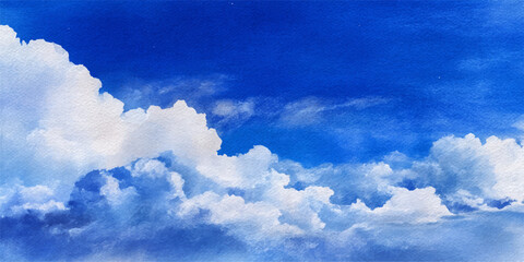 A beautiful summer day features a fluffy white cumulus cloudscape drifting across a bright blue sky under the light of the sun © dark chocolate