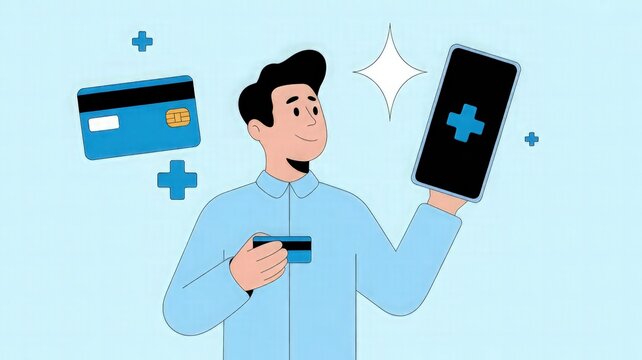 Man holds a credit card and a smartphone displaying a medical cross to symbolize the integration of healthcare technology and digital insurance payment services for patients.
