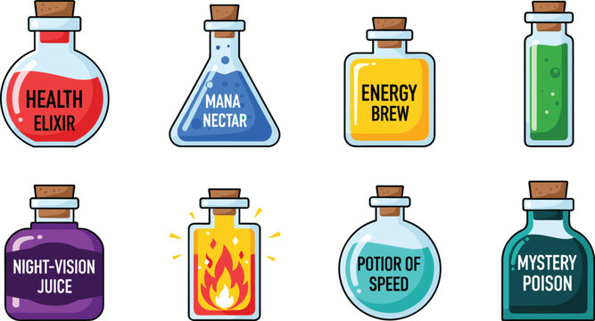 Magical Potion and Elixir Vector Set Featuring Health, Mana, Energy, and Mystery Potions for Fantasy and Fantasy Drink Illustrations
