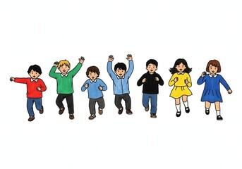 Obraz premium Happy diverse children running and waving cartoon illustration