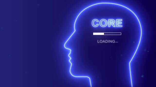 Core energy loading concept with neon human head silhouette, Central mind power and digital brain background.