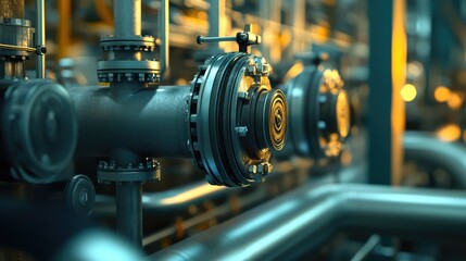 Obraz premium Industrial pipeline system valves and heavy machinery
