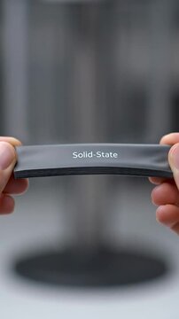 Close-up of hands holding a Solid-State battery