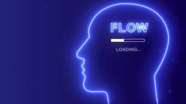 Flow loading concept with neon human head silhouette, Energy stream and continuous mind process background.