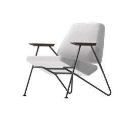 Obraz premium Mid-Century Modern Lounge Chair with Metal Frame and Wood Armrests, Three Quarter View on White Background